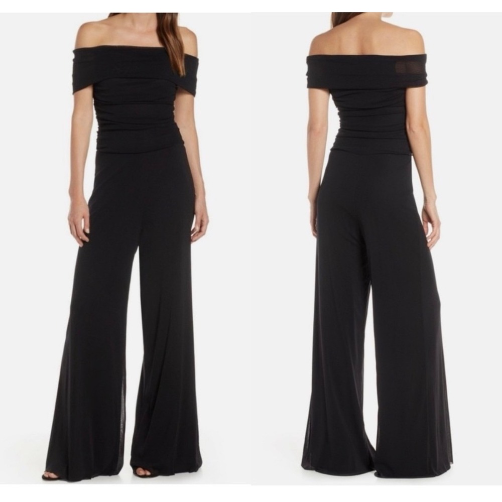 Eliza J‎ Womens Black Mesh Off The Shoulder Ruched Wide Leg Jumpsuit 12 NWT